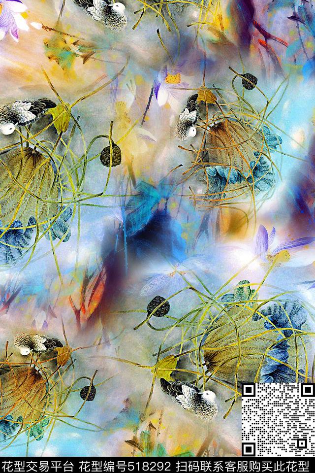 数码莲蓬荷叶数码印花华亿平台下载（图片编号: 518292） - 瓦栏（Walan）