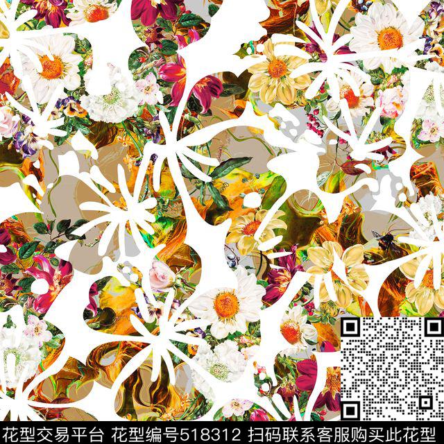 抽象花卉几何花卉流行服饰数码印花华亿平台下载（图片编号: 518312） - 瓦栏（Walan）