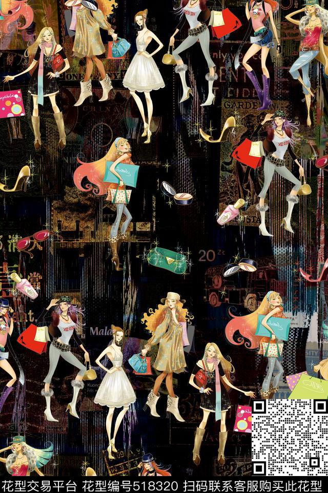 潮流时尚大牌手绘矢量购物美女都市时尚美女数码印花华亿平台下载（图片编号: 518320） - 瓦栏（Walan）