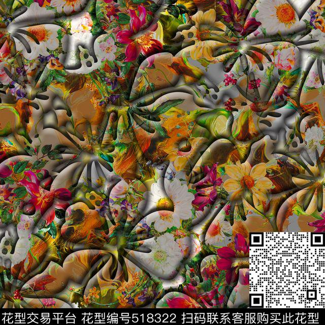 抽象花卉几何花流行服饰数码印花华亿平台下载（图片编号: 518322） - 瓦栏（Walan）