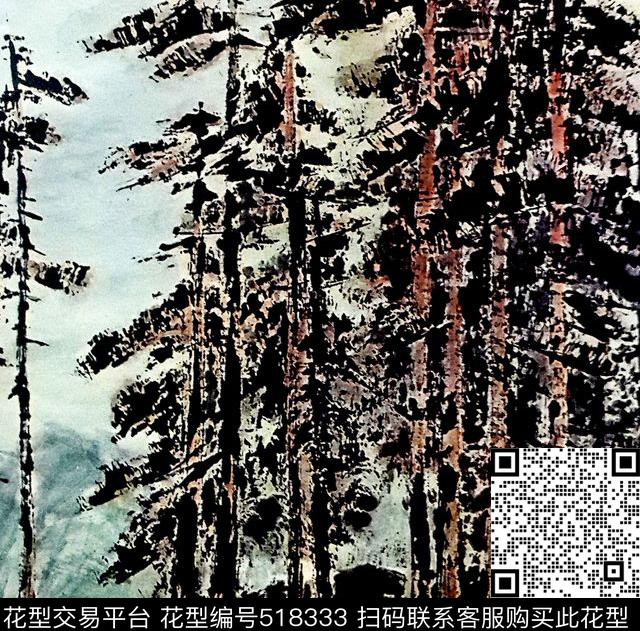 中国风树水墨画数码印花华亿平台下载（图片编号: 518333） - 瓦栏（Walan）