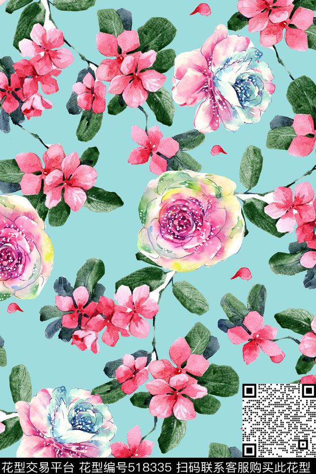 花卉潮流时尚大牌手绘清新水彩花卉数码印花华亿平台下载（图片编号: 518335） - 瓦栏（Walan）