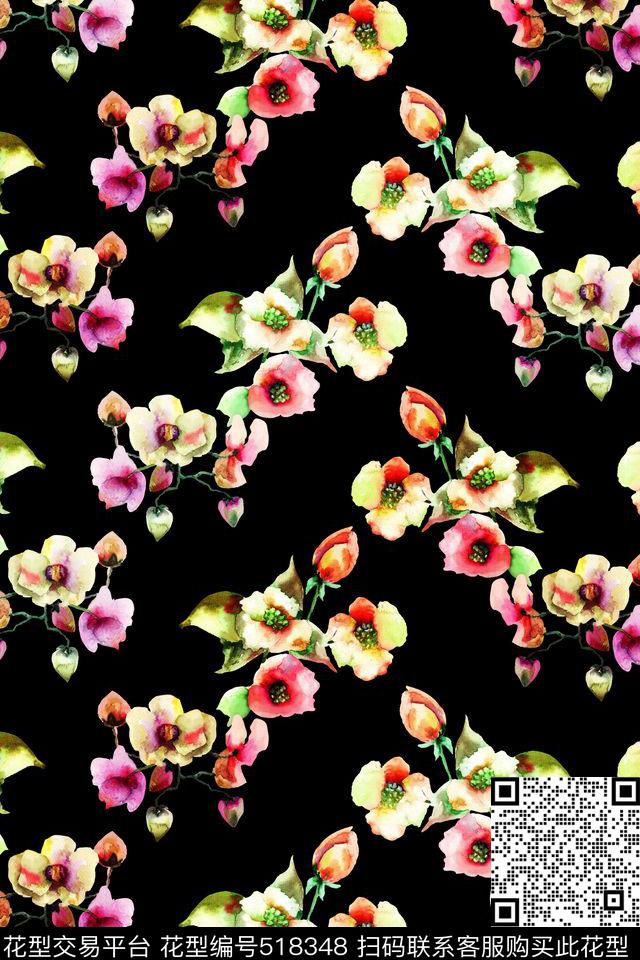 手绘水彩花卉数码印花华亿平台下载（图片编号: 518348） - 瓦栏（Walan）