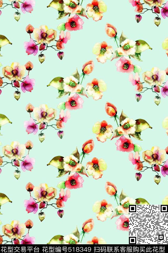 手绘水彩花卉数码印花华亿平台下载（图片编号: 518349） - 瓦栏（Walan）