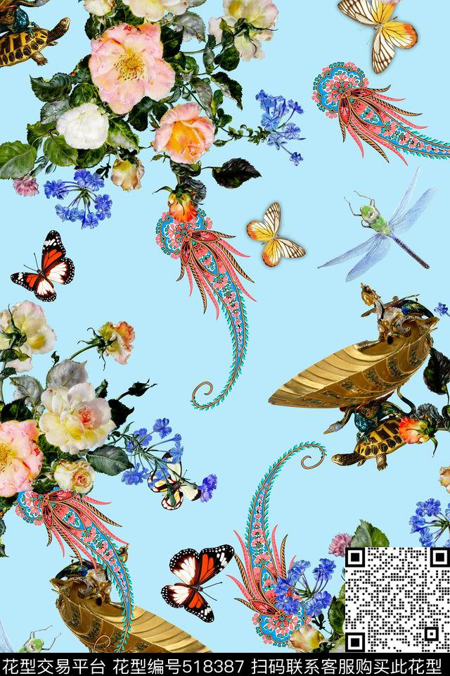 蝴蝶清新大牌腰果花卉数码印花华亿平台下载（图片编号: 518387） - 瓦栏（Walan）