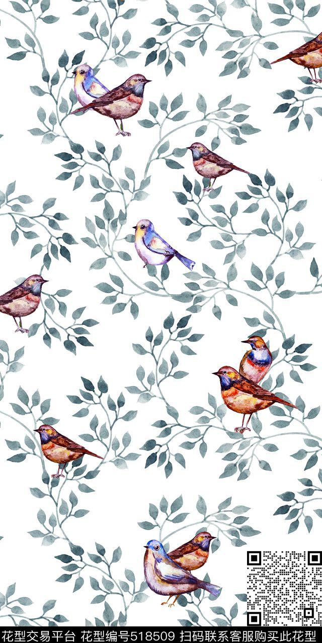 鸟枝叶手绘数码印花华亿平台下载（图片编号: 518509） - 瓦栏（Walan）