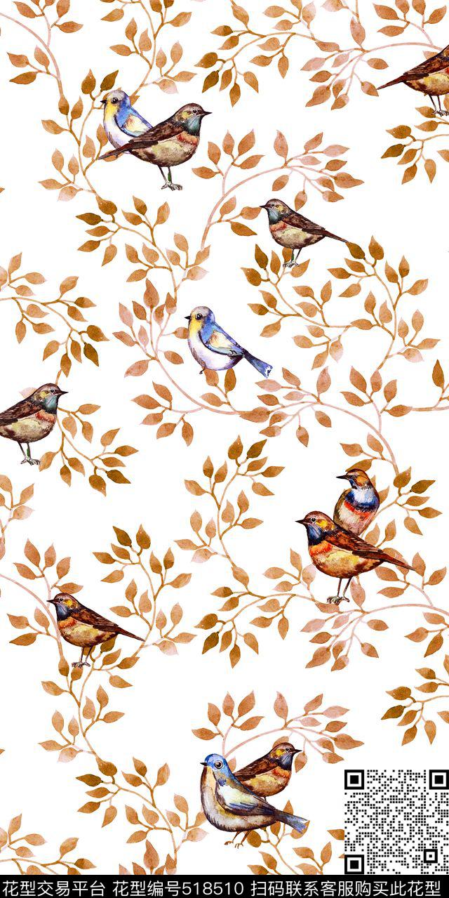 鸟枝叶手绘数码印花华亿平台下载（图片编号: 518510） - 瓦栏（Walan）