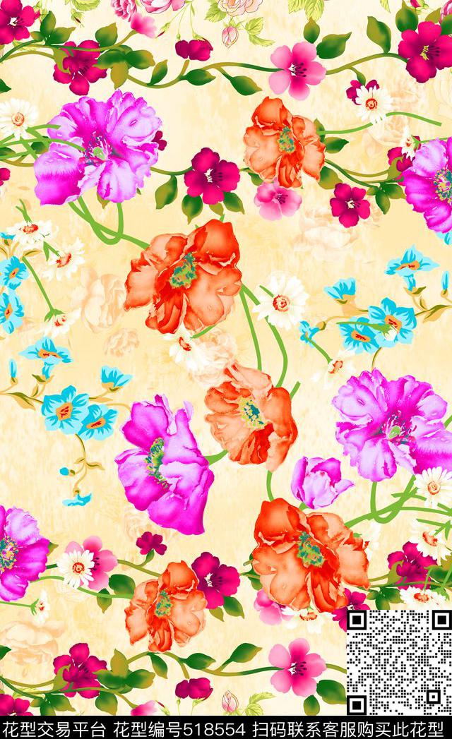 花朵时尚休闲数码印花华亿平台下载（图片编号: 518554） - 瓦栏（Walan）