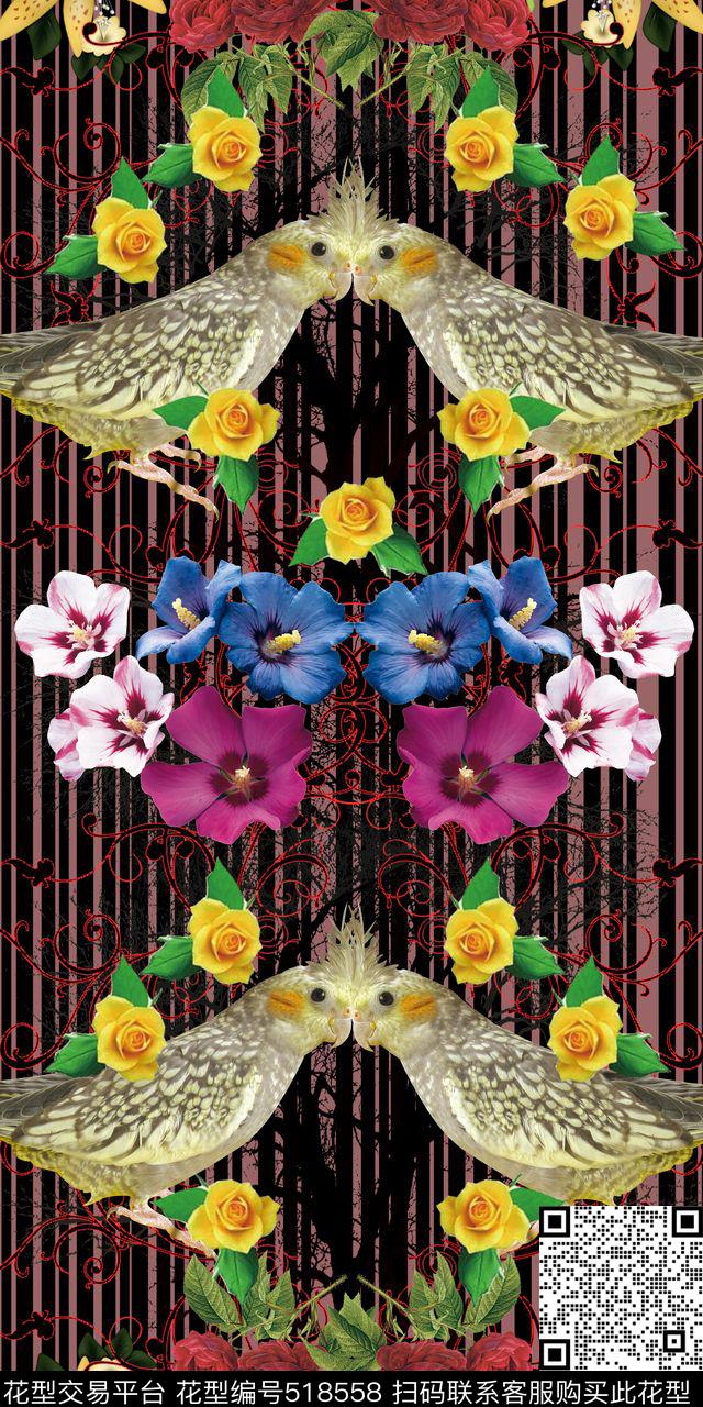流行时尚鹦鹉花卉数码印花华亿平台下载（图片编号: 518558） - 瓦栏（Walan）