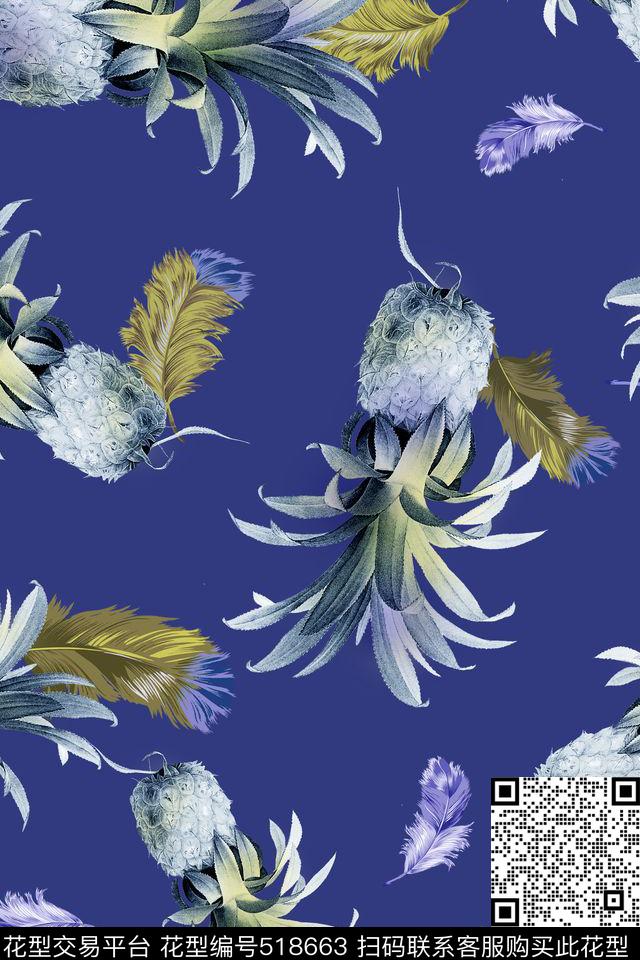 复古热带菠萝羽毛动物纹数码印花华亿平台下载（图片编号: 518663） - 瓦栏（Walan）