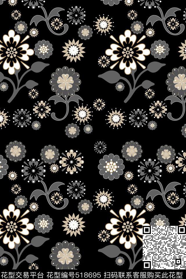 花卉灵动流行传统印花华亿平台下载（图片编号: 518695） - 瓦栏（Walan）