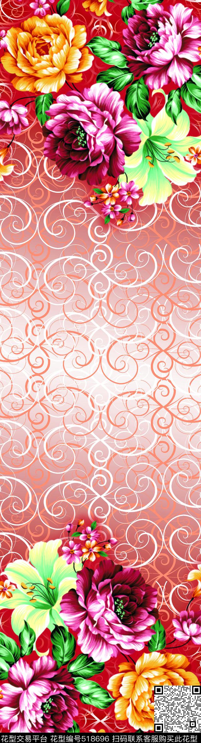潮流手绘抽象花卉花纹数码印花华亿平台下载（图片编号: 518696） - 瓦栏（Walan）