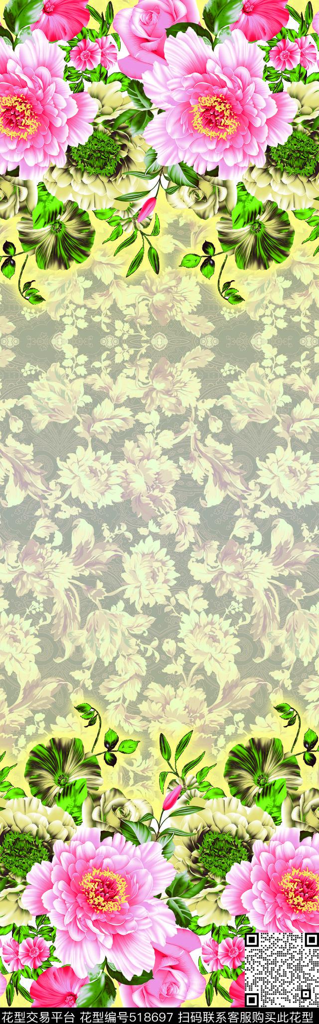 潮流手绘抽象花卉花纹数码印花华亿平台下载（图片编号: 518697） - 瓦栏（Walan）