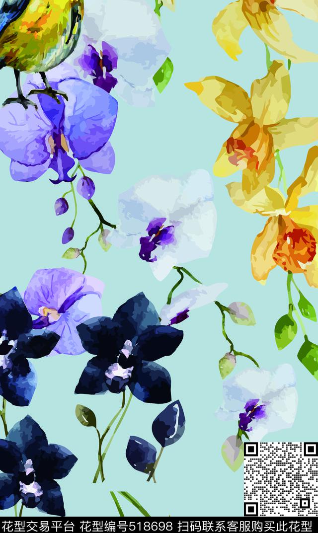 兰花花卉鸟数码印花华亿平台下载（图片编号: 518698） - 瓦栏（Walan）
