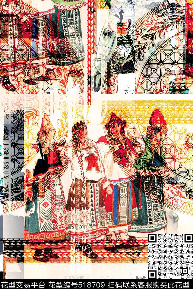 抽象复古人物数码印花华亿平台下载（图片编号: 518709） - 瓦栏（Walan）