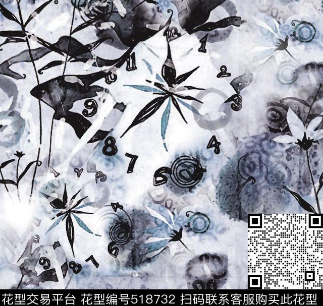 水墨抽象花卉数码印花华亿平台下载（图片编号: 518732） - 瓦栏（Walan）