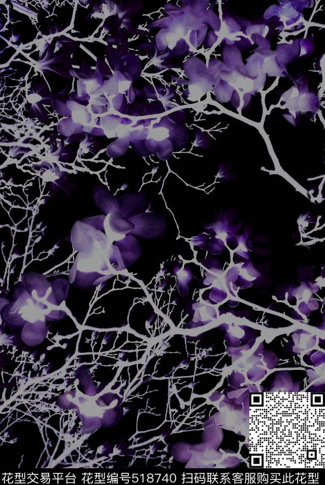 高贵朦胧花树枝数码印花华亿平台下载（图片编号: 518740） - 瓦栏（Walan）