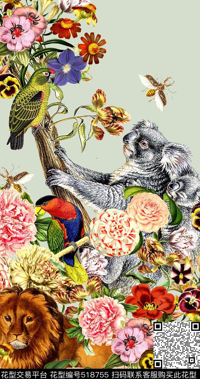 时尚花卉鹦鹉数码印花华亿平台下载（图片编号: 518755） - 瓦栏（Walan）