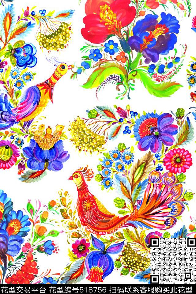 时尚花卉孔雀数码印花华亿平台下载（图片编号: 518756） - 瓦栏（Walan）
