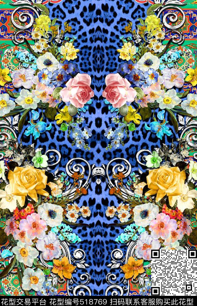 时尚花卉豹纹数码印花华亿平台下载（图片编号: 518769） - 瓦栏（Walan）