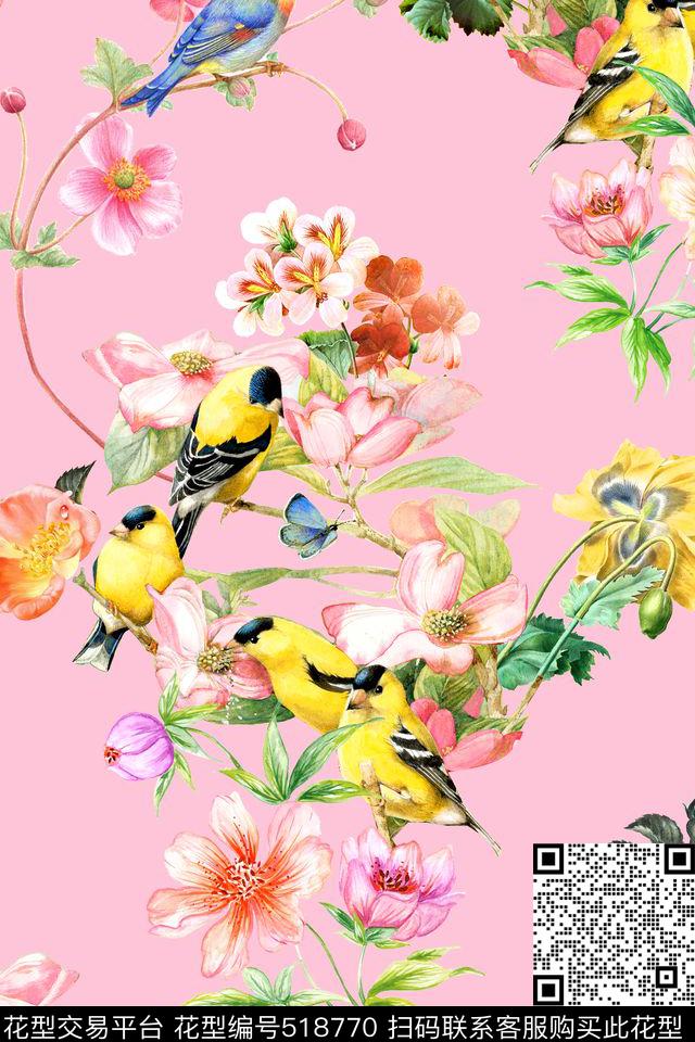 小清新花卉小鸟数码印花华亿平台下载（图片编号: 518770） - 瓦栏（Walan）