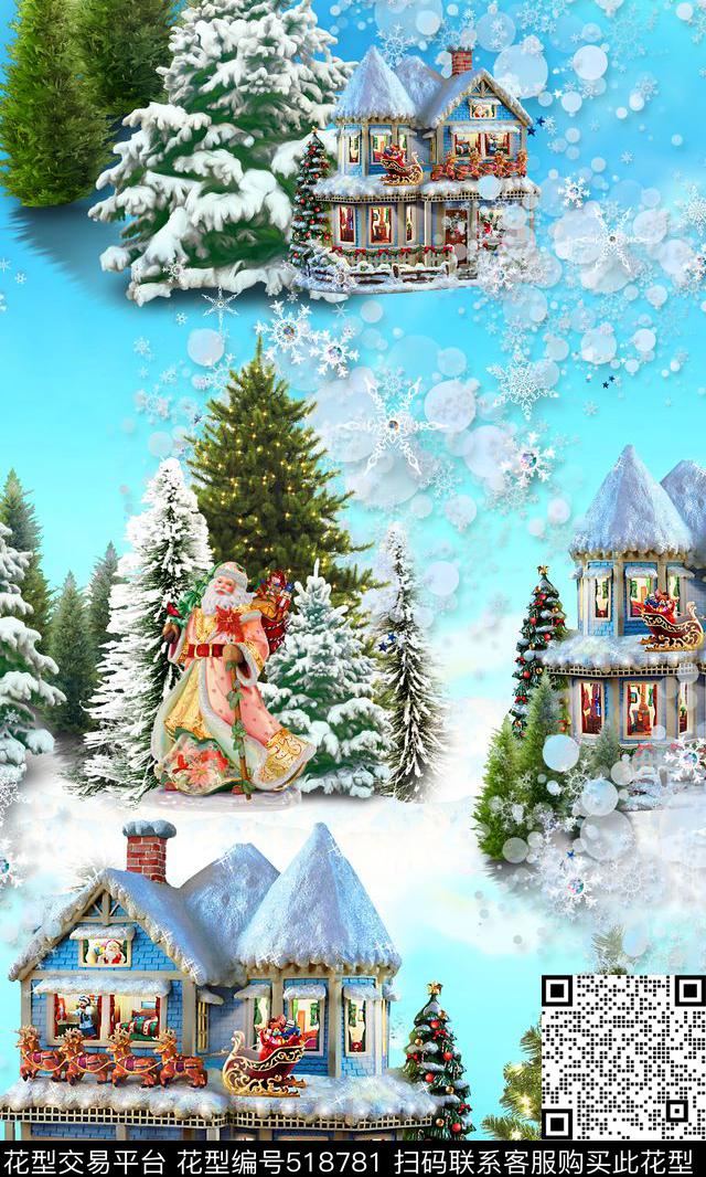 欧美手绘童话梦幻圣诞老人城堡流行时尚数码印花华亿平台下载（图片编号: 518781） - 瓦栏（Walan）