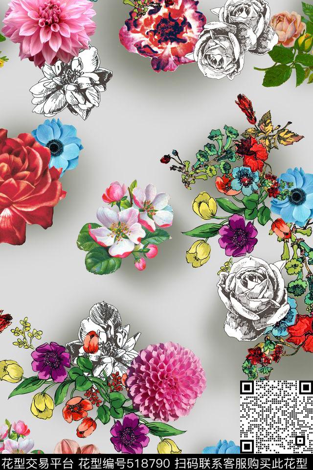 素雅手绘花卉浅底数码印花华亿平台下载（图片编号: 518790） - 瓦栏（Walan）