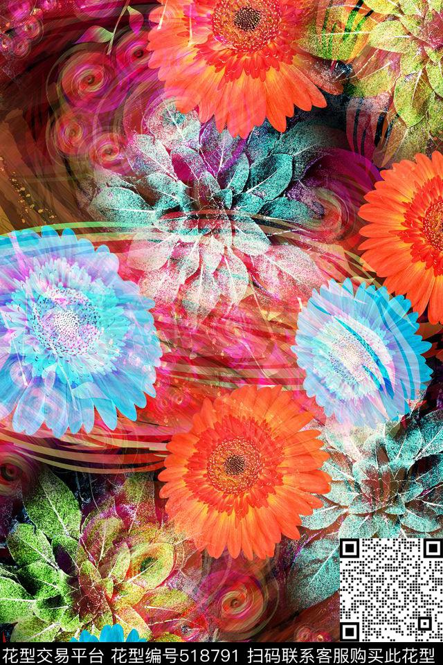 花卉油画笔触超大花卉数码印花华亿平台下载（图片编号: 518791） - 瓦栏（Walan）