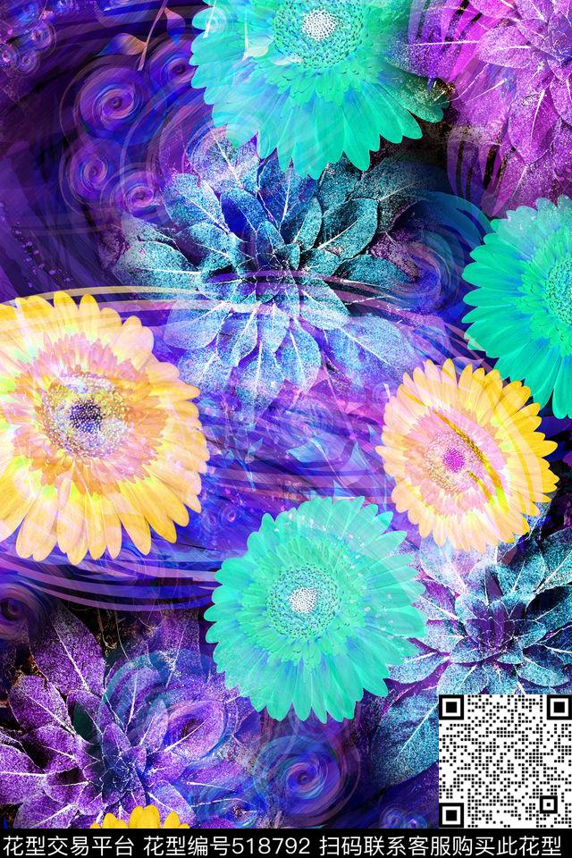 花卉油画笔触超大花卉数码印花华亿平台下载（图片编号: 518792） - 瓦栏（Walan）