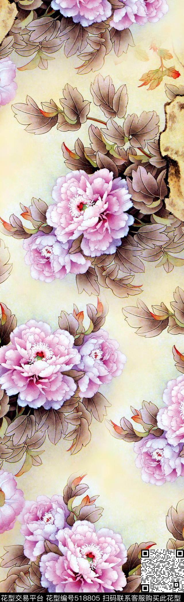 手绘中国风写意数码印花华亿平台下载（图片编号: 518805） - 瓦栏（Walan）