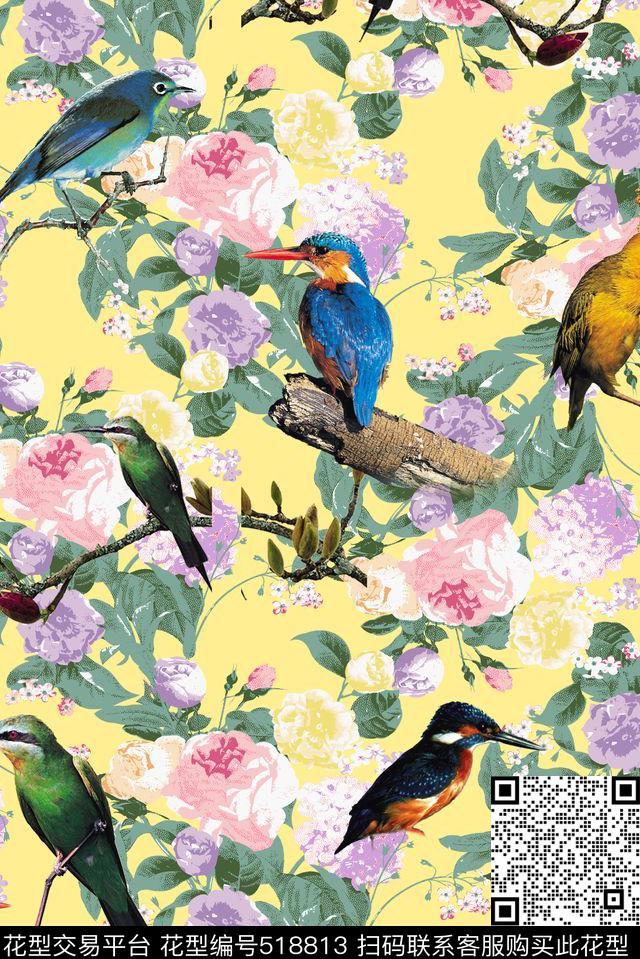 花卉鸟树枝数码印花华亿平台下载（图片编号: 518813） - 瓦栏（Walan）