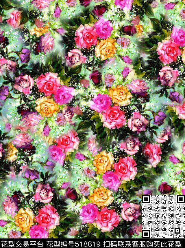 大牌满地花油画数码印花华亿平台下载（图片编号: 518819） - 瓦栏（Walan）