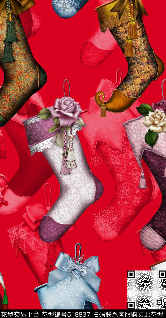欧美手绘童话圣诞袜子流行时尚数码印花华亿平台下载（图片编号: 518837） - 瓦栏（Walan）