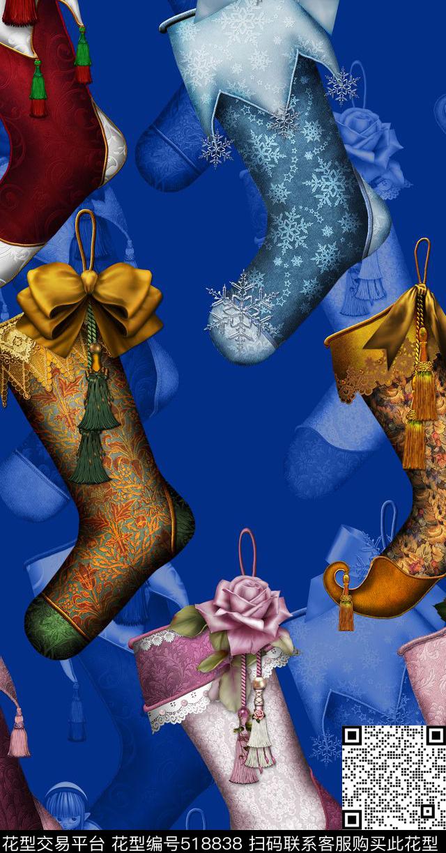欧美手绘童话圣诞袜子流行时尚数码印花华亿平台下载（图片编号: 518838） - 瓦栏（Walan）