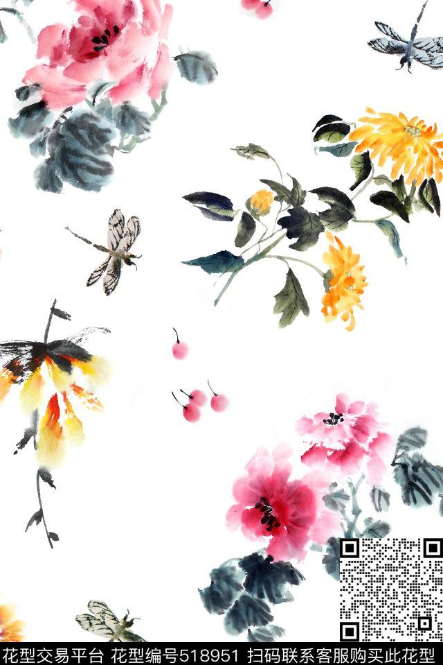 水墨花卉蜻蜓数码印花华亿平台下载（图片编号: 518951） - 瓦栏（Walan）