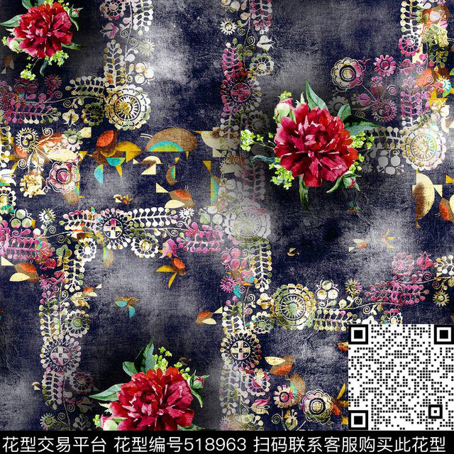 花卉几何拼接数码数码印花华亿平台下载（图片编号: 518963） - 瓦栏（Walan）