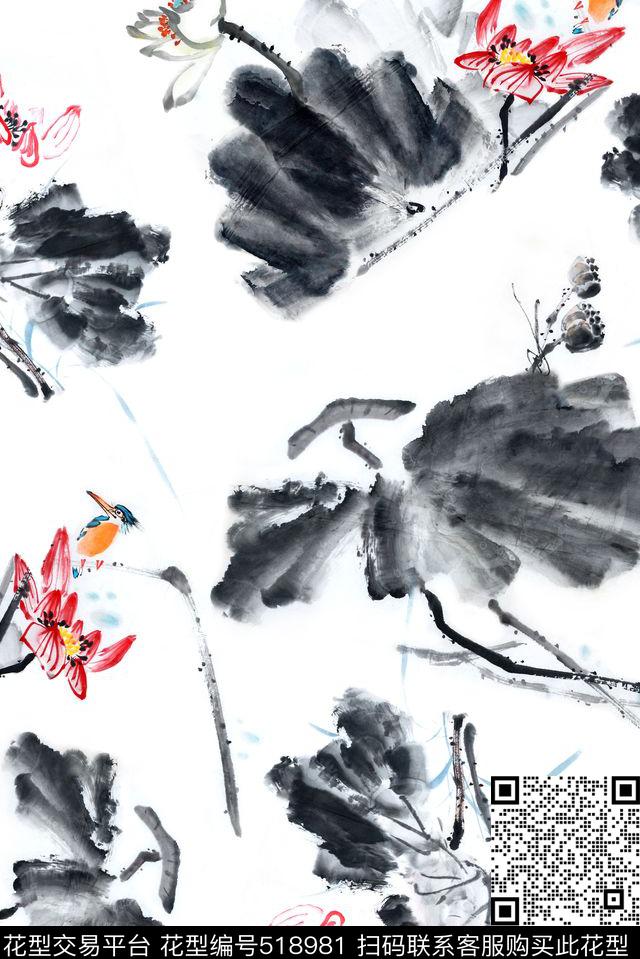 水墨荷花鸟数码印花华亿平台下载（图片编号: 518981） - 瓦栏（Walan）