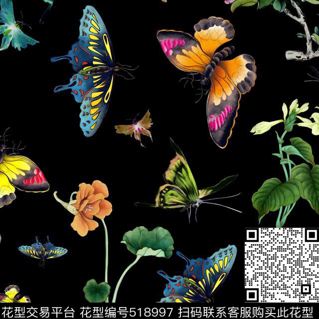 蝴蝶时尚流行中国画数码印花华亿平台下载（图片编号: 518997） - 瓦栏（Walan）