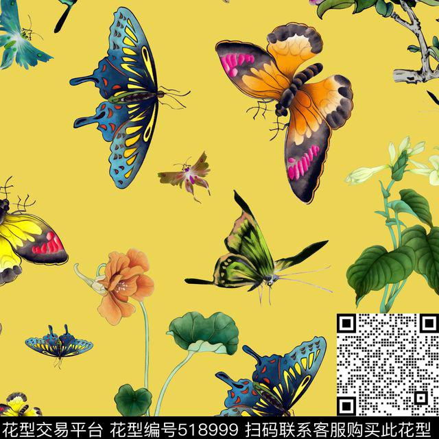 蝴蝶时尚流行中国画数码印花华亿平台下载（图片编号: 518999） - 瓦栏（Walan）