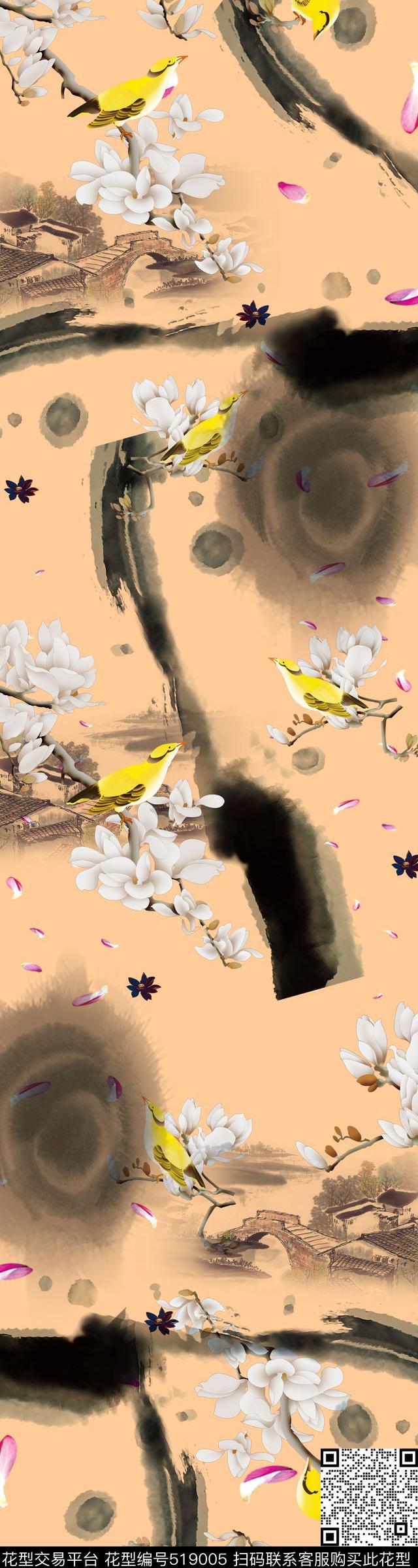 手绘玉兰黄鹂数码印花华亿平台下载（图片编号: 519005） - 瓦栏（Walan）