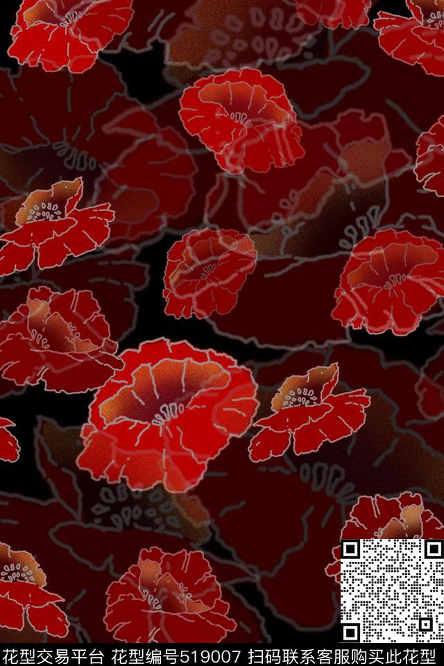 流行时尚花卉红黑数码印花华亿平台下载（图片编号: 519007） - 瓦栏（Walan）