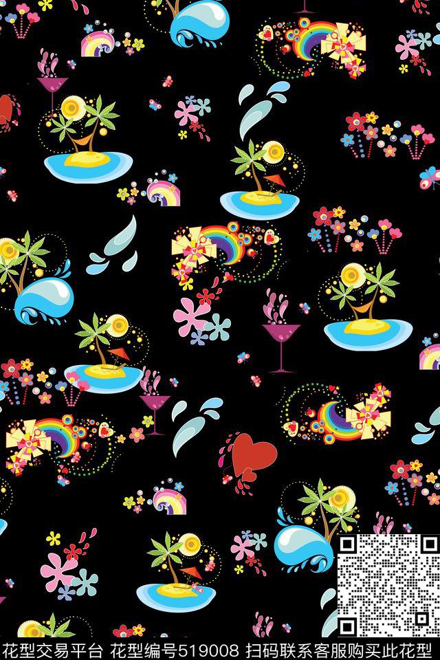 卡通海滩元素小花传统印花华亿平台下载（图片编号: 519008） - 瓦栏（Walan）