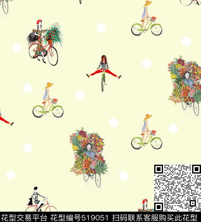 波点单车花卉数码印花华亿平台下载（图片编号: 519051） - 瓦栏（Walan）