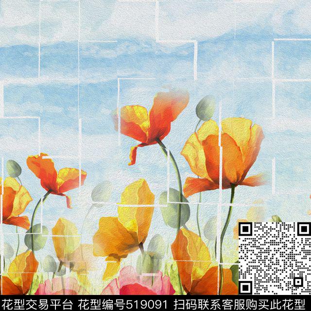 甜美花卉定位独幅围巾华亿平台数码印花华亿平台下载（图片编号: 519091） - 瓦栏（Walan）