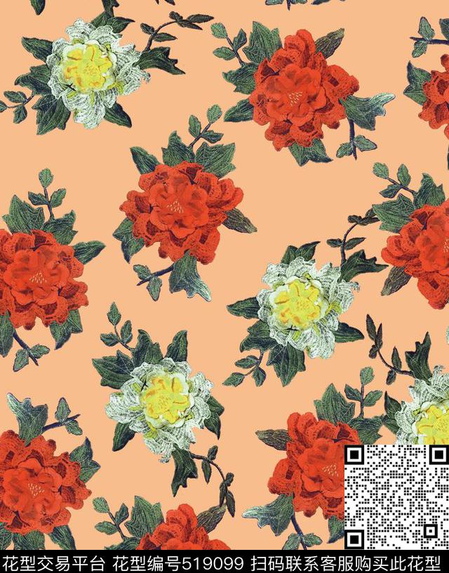 原创花卉优雅数码印花华亿平台下载（图片编号: 519099） - 瓦栏（Walan）