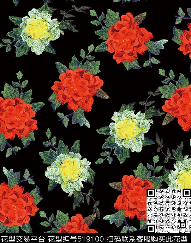 原创花卉优雅数码印花华亿平台下载（图片编号: 519100） - 瓦栏（Walan）