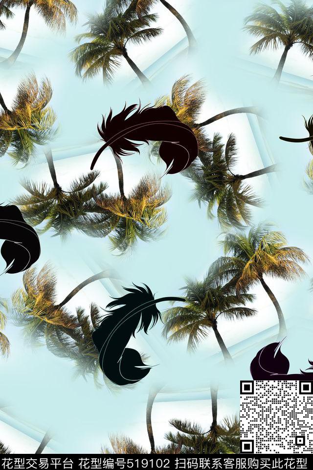 休闲风羽毛自然椰树数码印花华亿平台下载（图片编号: 519102） - 瓦栏（Walan）