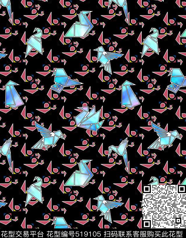 千纸鹤折纸鸟飞鸟几何叠加趣味时尚流行传统印花华亿平台下载（图片编号: 519105） - 瓦栏（Walan）
