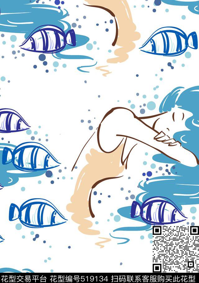 线条抽象人物女性美人鱼传统印花华亿平台下载（图片编号: 519134） - 瓦栏（Walan）