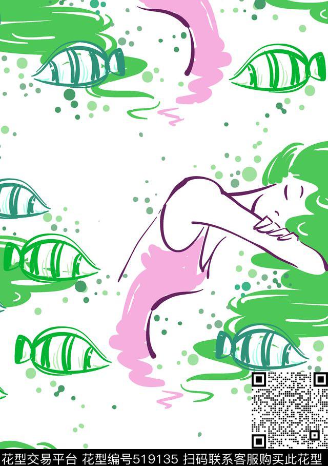 线条抽象人物女性美人鱼传统印花华亿平台下载（图片编号: 519135） - 瓦栏（Walan）